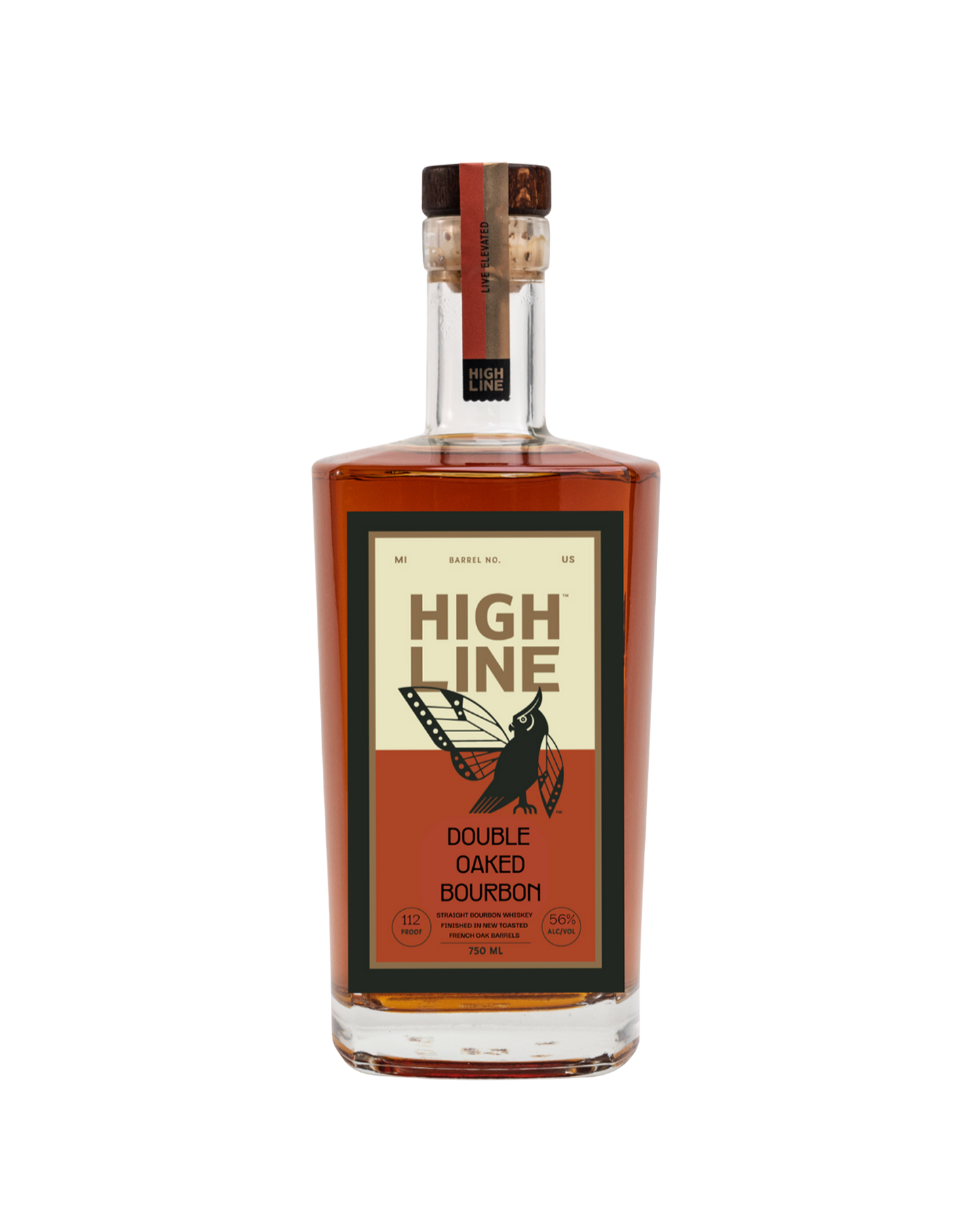 Bottle of High Line Double Oaked Bourbon on a white background