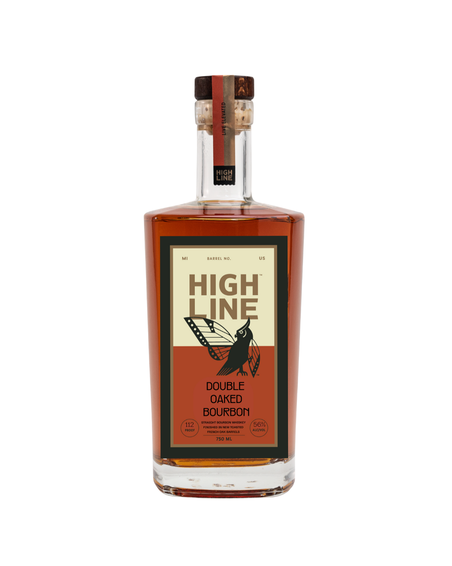 Bottle of High Line Double Oaked Bourbon on a white background