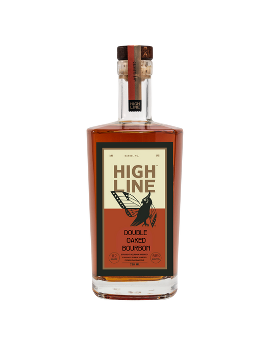 Bottle of High Line Double Oaked Bourbon on a white background