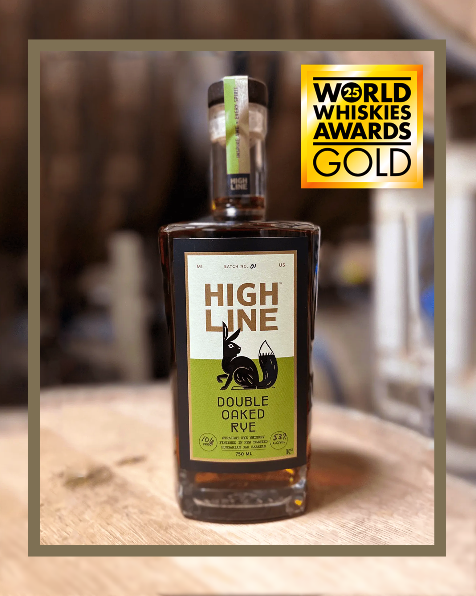 Bottle of High Line Double Oaked Rye on a wooden surface with a blurred background